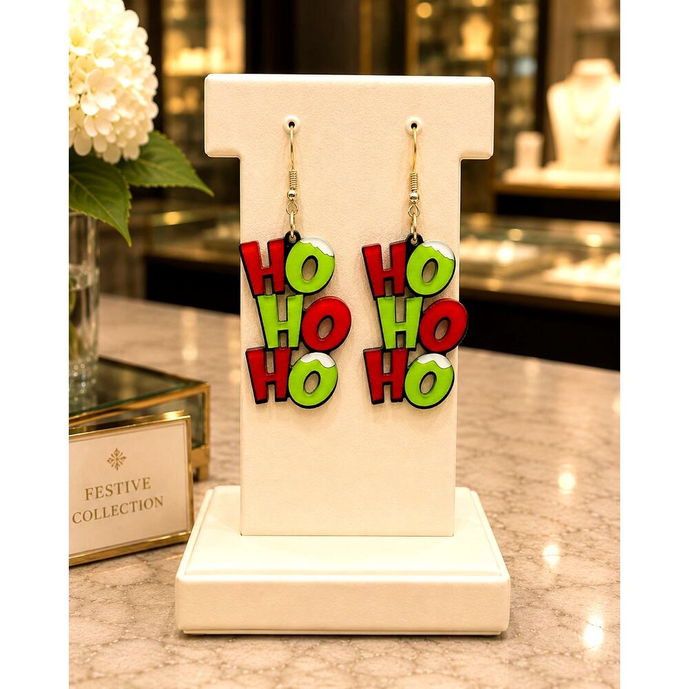 Red Green HO HO HO Drop & Dangle Acrylic Earrings Set